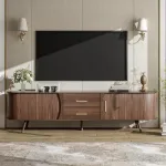 TV Stand, Mid Century Modern for TVs up to 75”, Fluted Entertainment Center, Media Console with Tambour Sliding Doors