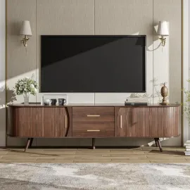 TV Stand, Mid Century Modern for TVs up to 75”, Fluted Entertainment Center, Media Console with Tambour Sliding Doors