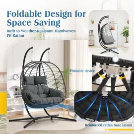 Double Hanging Egg Chair with Stand, Foldable 2-Person Wicker Porch Swing Chair Outdoor Indoor, Heavy Duty Rattan, Customized