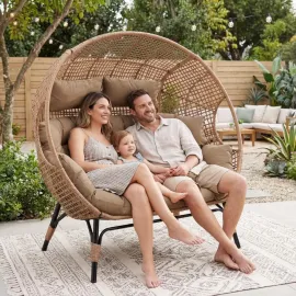 Double Egg Chair Indoor Outdoor 680lbs, 2 Person Brown Wicker Oversized Stationary Egg Chair with Brown Thick, Customized