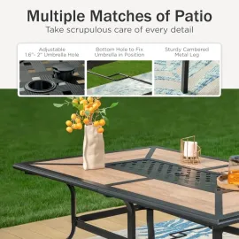 Outdoor Dining Table for 6, Rectangular Metal Wrought Iron Table with Polywood Tabletop and Umbrella Hole, Large Heavy