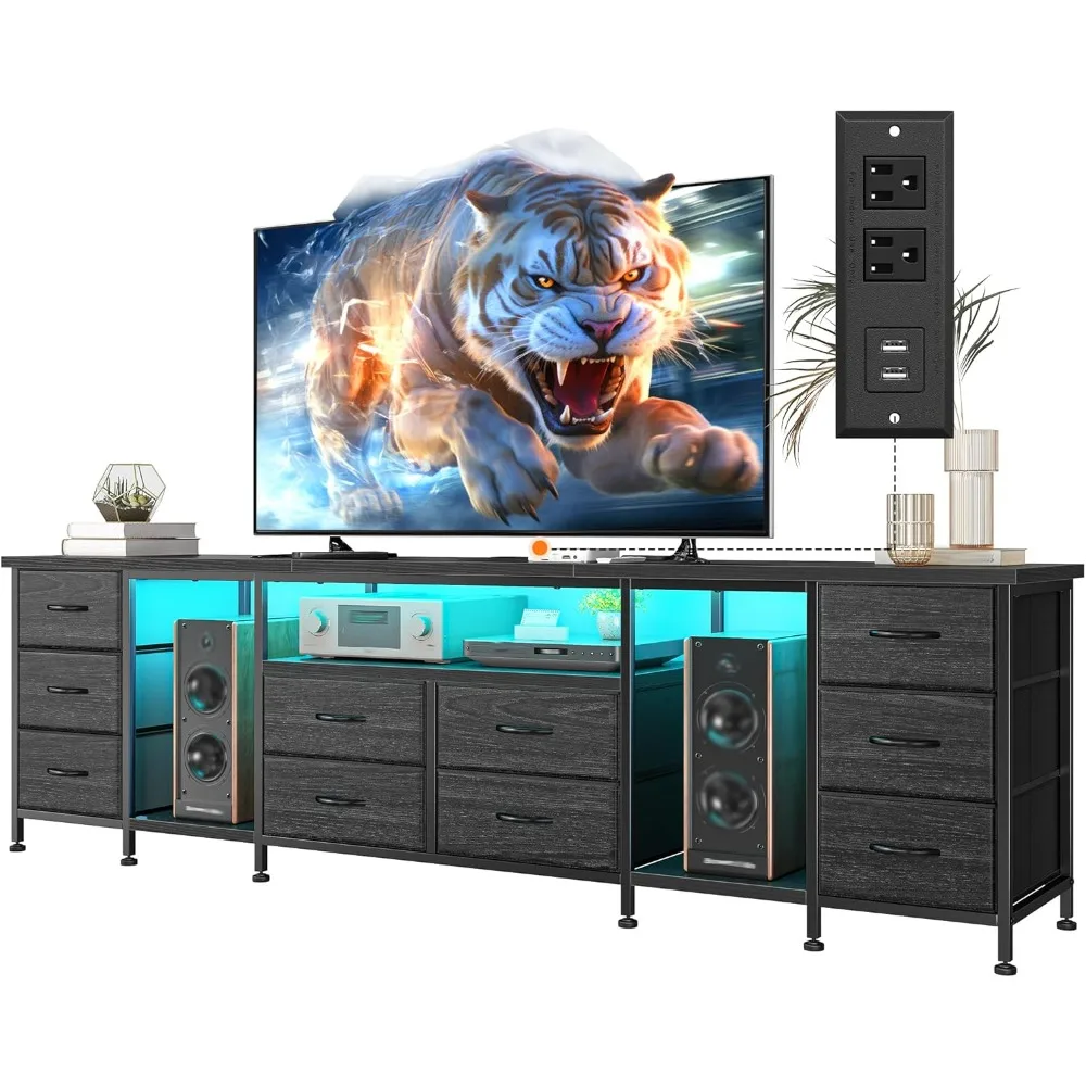 75, 80, 85 Inch TV Stand, with 10 Fabric Drawers, 75.5 W Entertainment Center with LED Lights & Power Outlets, TV Stands