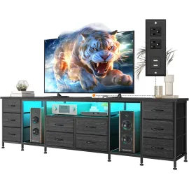 75, 80, 85 Inch TV Stand, with 10 Fabric Drawers, 75.5 W Entertainment Center with LED Lights & Power Outlets, TV Stands