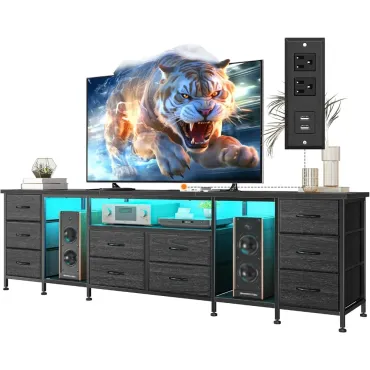 75, 80, 85 Inch TV Stand, with 10 Fabric Drawers, 75.5 W Entertainment Center with LED Lights & Power Outlets, TV Stands