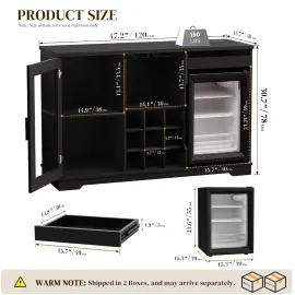 Coffee Bar Cabinet with Fridge (Fridge Included), Large Liquor Bar Cabinet with LED Lights, Glass Holder & Wine, Customized