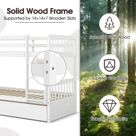 Twin Over Twin Bunk Bed with Trundle, Convertible Platform Bed Frame with Ladder & Solid Wood Frame, Space-Saving Bunk