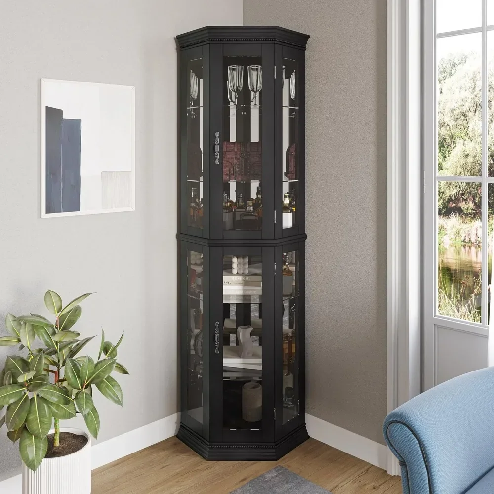 Lighted Three-sided Glass Display Cabinet with Tempered Glass Doors and Shelves, Wooden Corner Cabinet with Light Bulbs