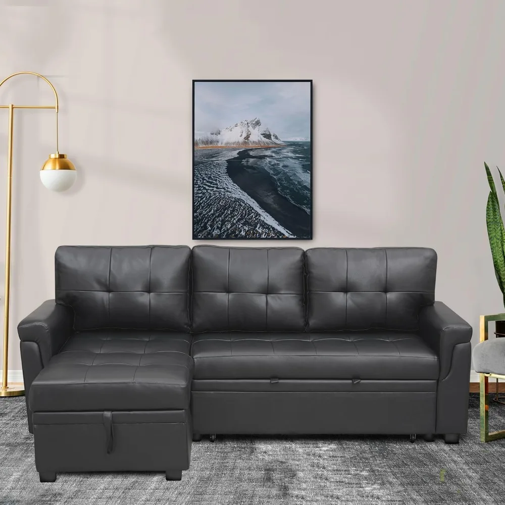 Modern Sectional Sofa, with Storage Chaise Black/Air Leather