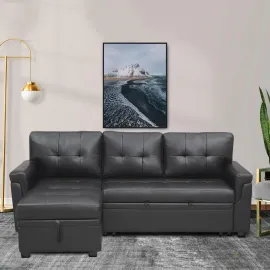 Modern Sectional Sofa, with Storage Chaise Black/Air Leather