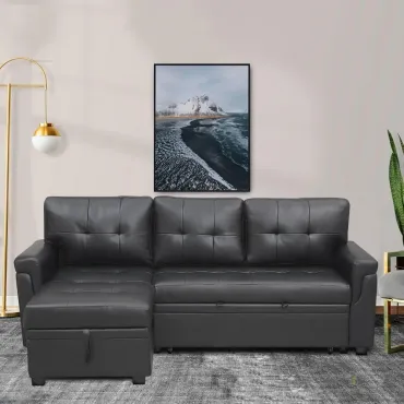 Modern Sectional Sofa, with Storage Chaise Black/Air Leather