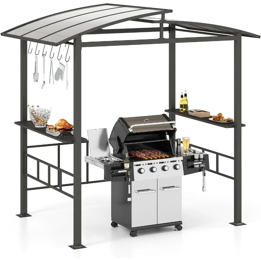 8x5 FT Hardtop Grill Gazebo, Outdoor Double-Tiered Barbecue Canopy with Vented Polycarbonate Roof, 2 Side Shelves