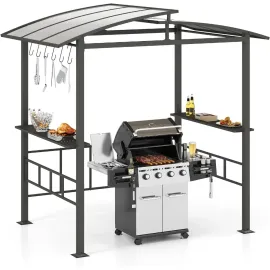 8x5 FT Hardtop Grill Gazebo, Outdoor Double-Tiered Barbecue Canopy with Vented Polycarbonate Roof, 2 Side Shelves