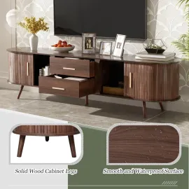 TV Stand, Mid Century Modern for TVs up to 75”, Fluted Entertainment Center, Media Console with Tambour Sliding Doors