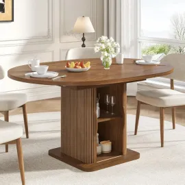 Extendable Round Dining Table for 4-6-8, 59 Inch Dining Room Kitchen Table with Storage, Fluted Wood Slide Door, Customized