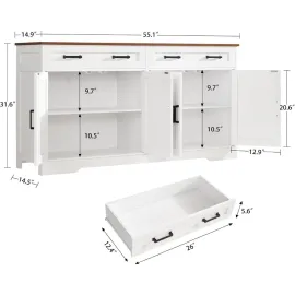 Buffet Cabinet with Storage and Drawers, 55 Large Sideboard Buffet Cabinet with Adjustable Shelves and Door