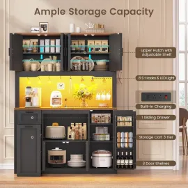 71 Pantry Cabinet with Charging Station and LED Light, Kitchen Pantry Cabinet with Microwave Stand, 47.2 Wide Kitchen