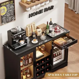Coffee Bar Cabinet with Fridge (Fridge Included), Large Liquor Bar Cabinet with LED Lights, Glass Holder & Wine, Customized